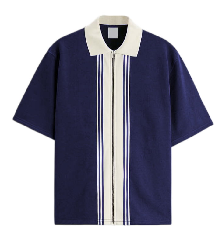 Navy Blue Zipper Striped Polo Shirt