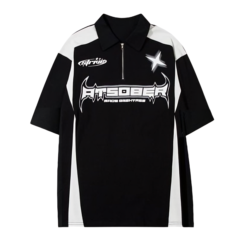 Black High Street Racing Zipper Polo T-Shirt