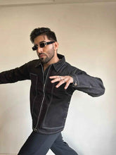 Load image into Gallery viewer, Black Denim Jacket With White Contrast Topstitching
