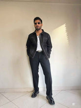 Load image into Gallery viewer, Black Denim Jacket With White Contrast Topstitching
