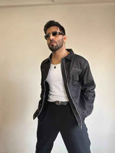 Load image into Gallery viewer, Black Denim Jacket With White Contrast Topstitching