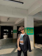 Load image into Gallery viewer, Black Denim Jacket With White Contrast Topstitching