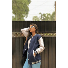Load image into Gallery viewer, Baseball Jacket Navy blue and White _ WOMEN-Aesthetic Gen
