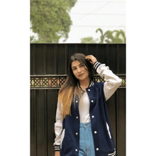 Load image into Gallery viewer, Baseball Jacket Navy blue and White _ WOMEN-Aesthetic Gen
