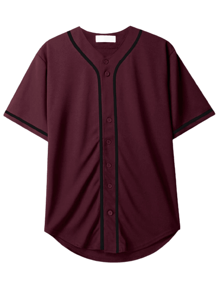 Baseball Maroon Striped Collar Button Up Shirts-
