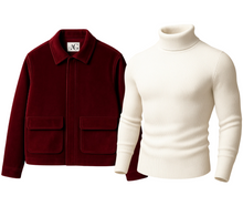 Load image into Gallery viewer, Red jacket and white turtleneck sweater on a white background
