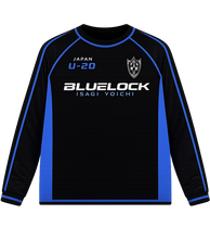 Load image into Gallery viewer, Black and blue sports jersey with 'Bluelock' branding on a white background
