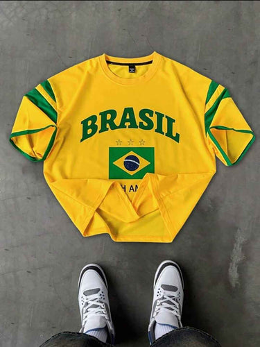 Manfinity Sporsity Brasil Colorblock Striped Letter Print Drop Shoulder T-Shirt (Copy)
