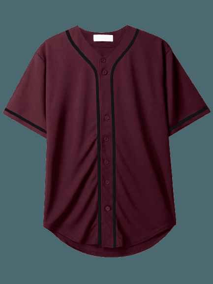 Baseball Maroon Striped Collar Button Up Shirts - Aesthetic Gen