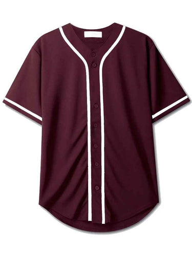 Baseball Maroon Striped Collar Button Up Shirts - Aesthetic Gen