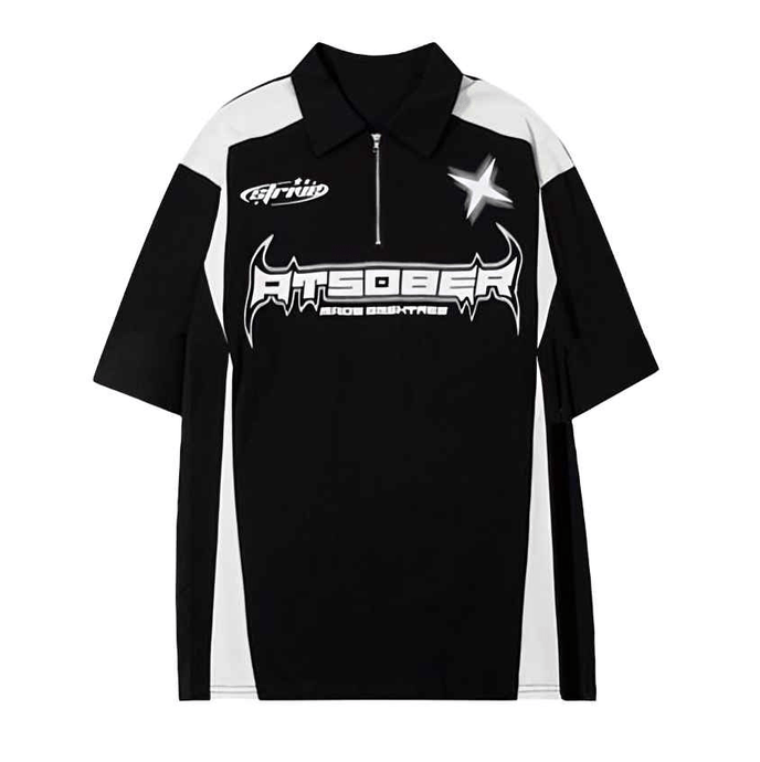 Black High Street Racing Zipper Polo T-Shirt - Aesthetic Gen