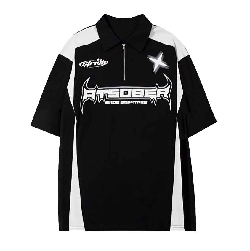 Black High Street Racing Zipper Polo T-Shirt - Aesthetic Gen