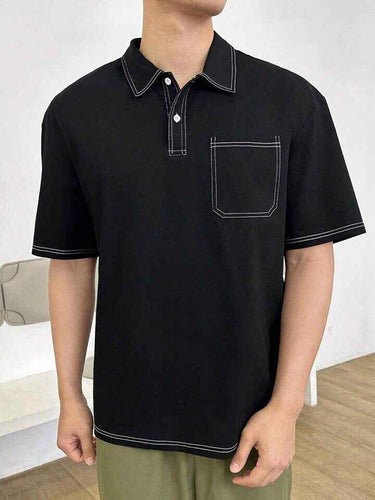 Black Polo T-shirt With White Contrast Topstitching - Aesthetic Gen