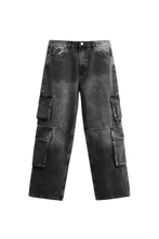 Load image into Gallery viewer, Charcoal Washed Denim Utility Cargo Jeans With Pockets - Aesthetic Gen
