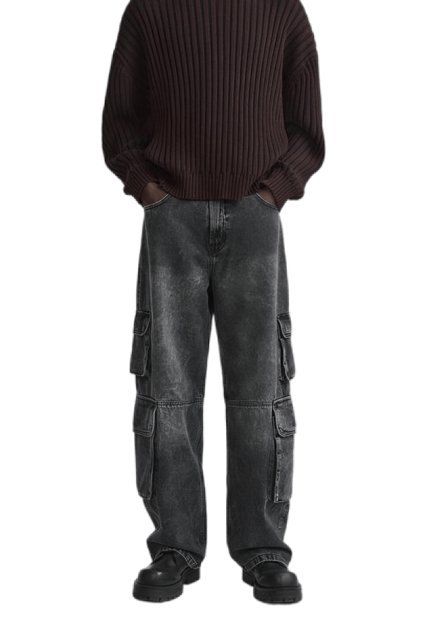 Charcoal Washed Denim Utility Cargo Jeans With Pockets - Aesthetic Gen