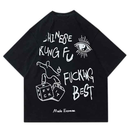 Chinese Kung Fu Black Drop Shoulder Tee - Aesthetic Gen
