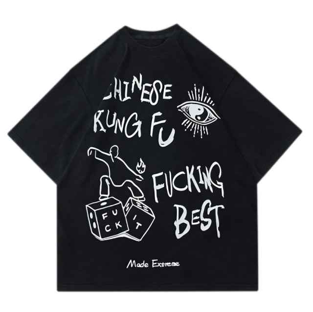 Chinese Kung Fu Black Drop Shoulder Tee - Aesthetic Gen