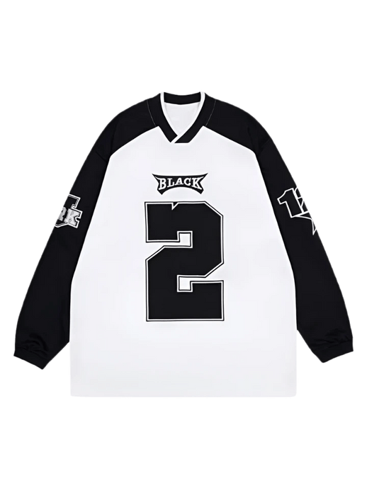 Contrast Paneled V - neck Full Sleeve T-shirt Streetwear Letter Print - 1684 - Aesthetic Gen