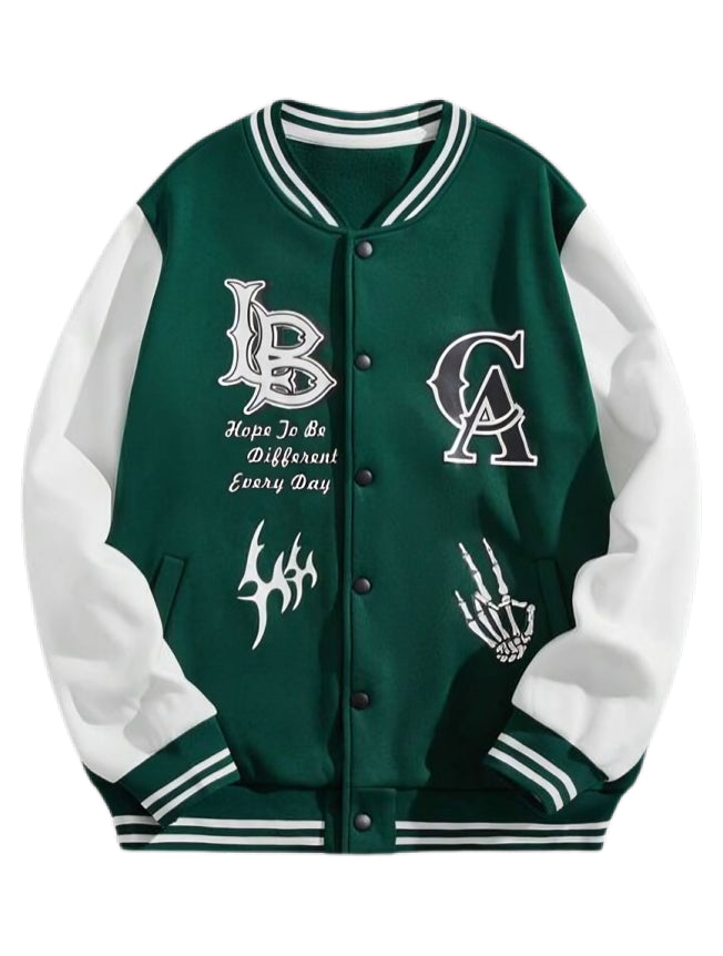 ROMWE Street Life Men Letter & Skull Print Color Block Baseball Jacket-Aesthetic Gen