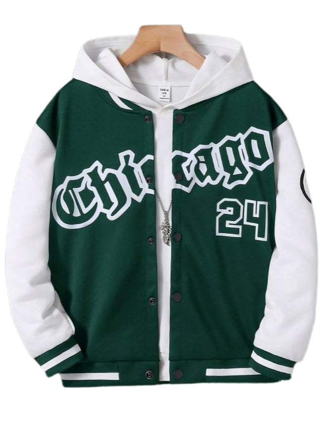 Bottle Green Chicago Print Baseball jacket-Aesthetic Gen