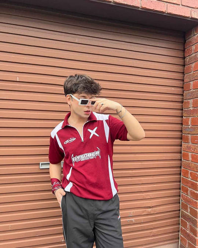 Maroon High Street Racing Zipper Polo T-Shirt - Aesthetic Gen