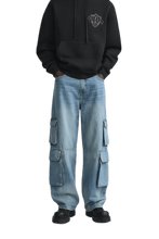 Load image into Gallery viewer, Mid - blue Washed Denim Utility Cargo Jeans With Pockets - Aesthetic Gen
