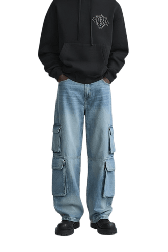 Mid - blue Washed Denim Utility Cargo Jeans With Pockets - Aesthetic Gen