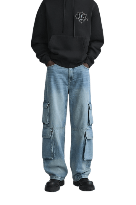 Mid - blue Washed Denim Utility Cargo Jeans With Pockets - Aesthetic Gen
