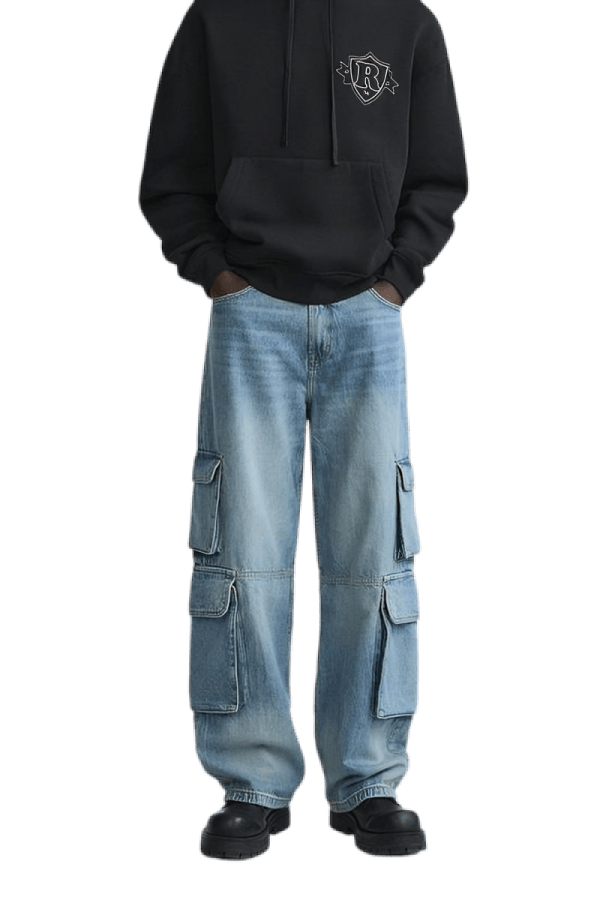 Mid - blue Washed Denim Utility Cargo Jeans With Pockets - Aesthetic Gen