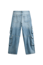 Load image into Gallery viewer, Mid - blue Washed Denim Utility Cargo Jeans With Pockets - Aesthetic Gen
