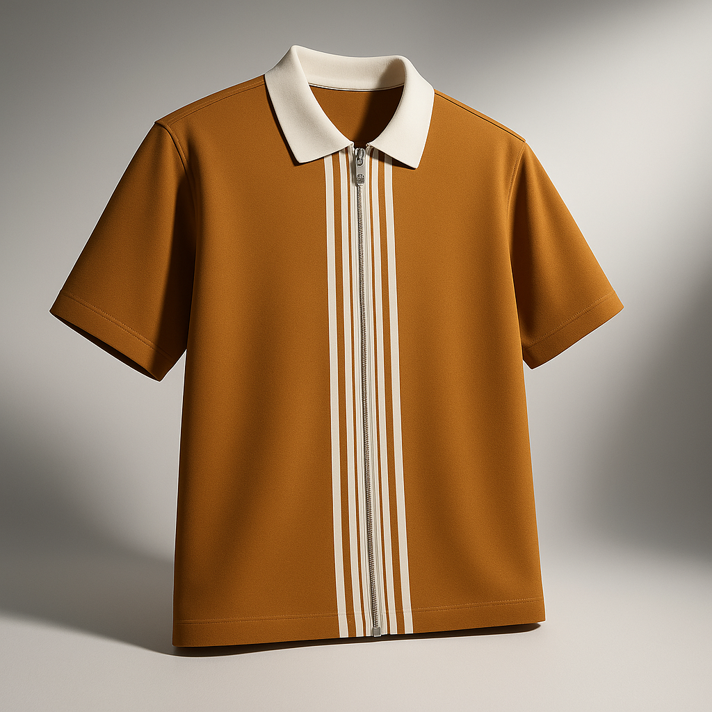 Camel Zipper Striped Polo Shirt