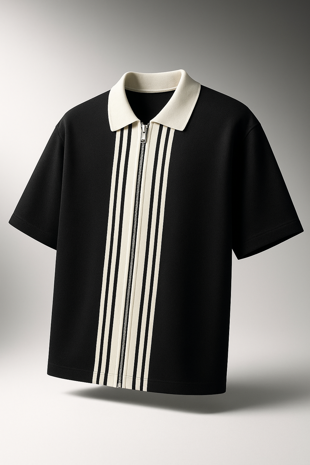 Black Zipper Striped Polo Shirt