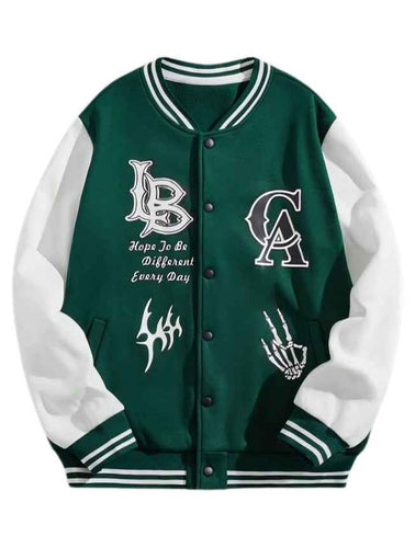 ROMWE Street Life Men Letter & Skull Print Color Block Baseball Jacket - Aesthetic Gen